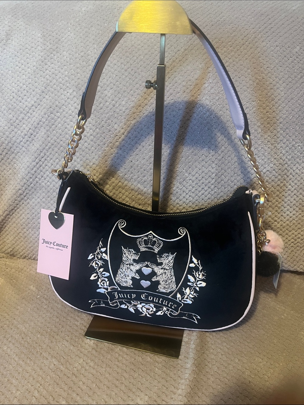 Juicy Couture Black Velvet Shoulder Bag with Pink Trim and Gold Chain